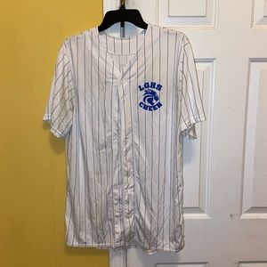 Oversized button-up striped sports/baseball jersey (LGHS CHEER Wildcats logo)